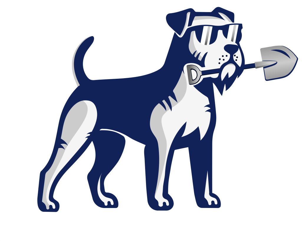 Turd Terminators airedale mascot holding a poop scooping shovel.